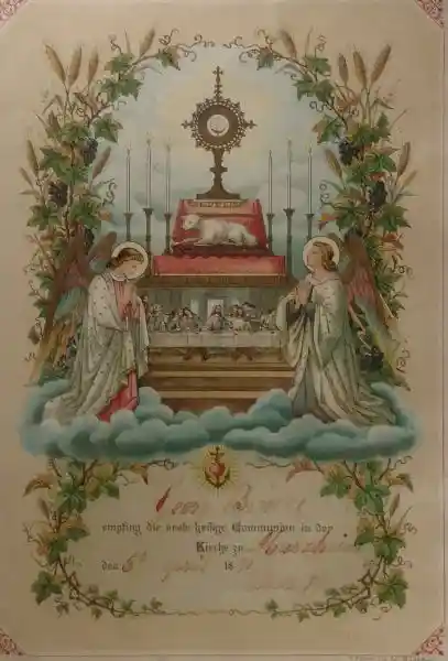 Certificate with design of solar cross and last supper in between two angels. Certificate with design of solar cross and last supper in between two angels.